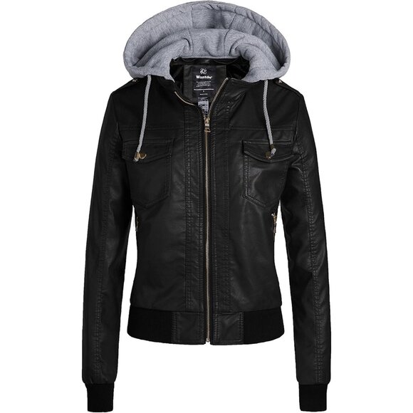 Wantdo Women Black-1 Motorcycle Short PU Faux Leather Jacket with Removable Hood - Picture 1 of 7